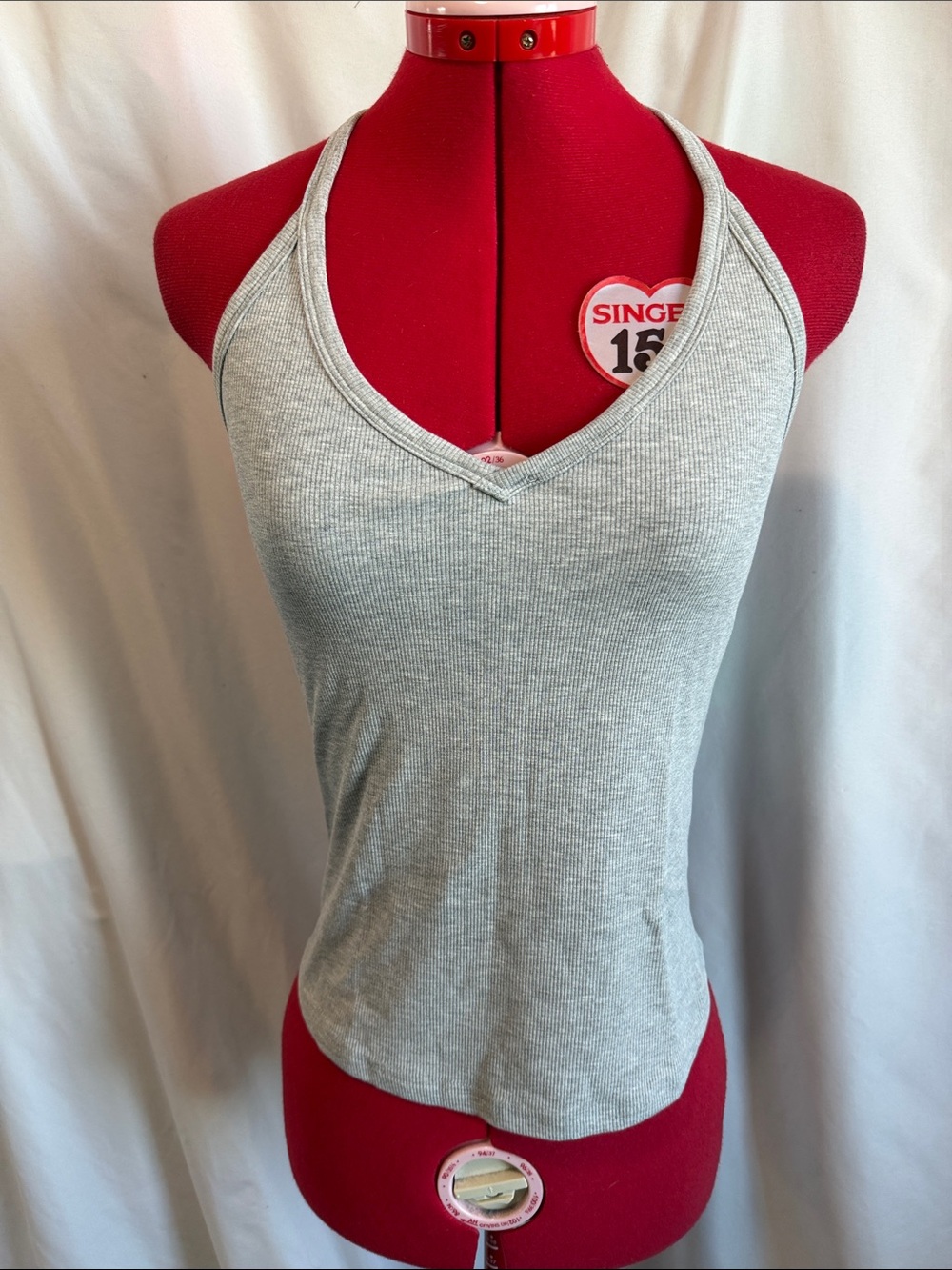 Ribbed V-Neck Halter Tank Top in Light Gray